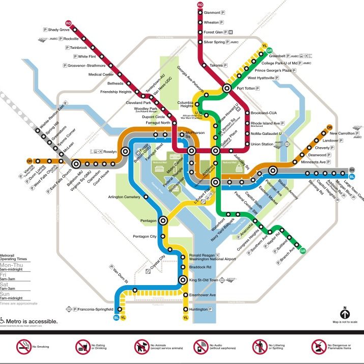 Map of a subway system with colored lines and station names.